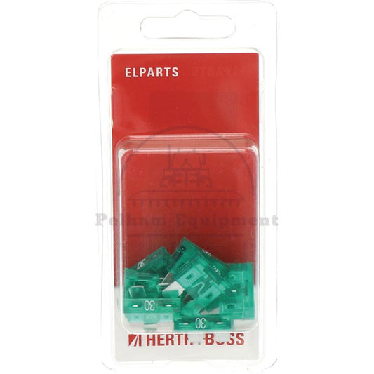 10x 30A Green Blade Fuses 32V SAE J1284 19mm Width Pack of 10